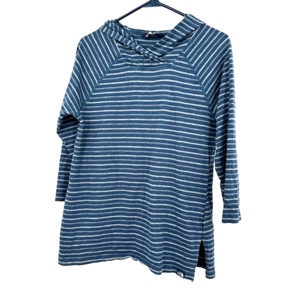 The North Face women's size medium blue‎ white striped hooded top shirt